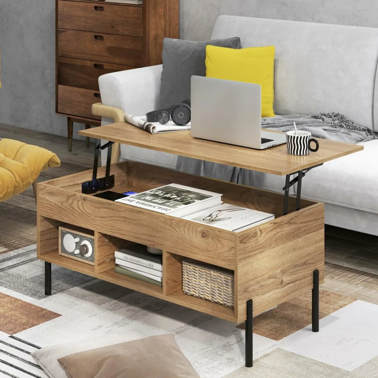 Tangkula Lift Top Coffee Table with Metal Legs, Rising Center Table w/Hidden Compartment & 3 Open Cubbies