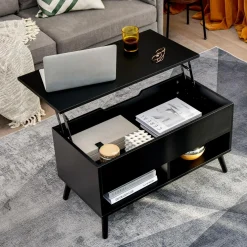 Tangkula Lift Top Coffee Table, Modern Cocktail Table with Hidden Compartment & 2 Open Shelves