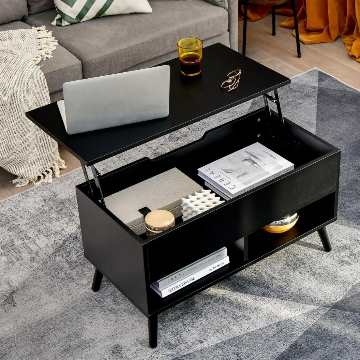Tangkula Lift Top Coffee Table, Modern Cocktail Table with Hidden Compartment & 2 Open Shelves