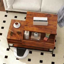 Tangkula Lift Top Coffee Table, Industrial Living Room Table with Hidden Compartment(Industrial, Rustic Brown)