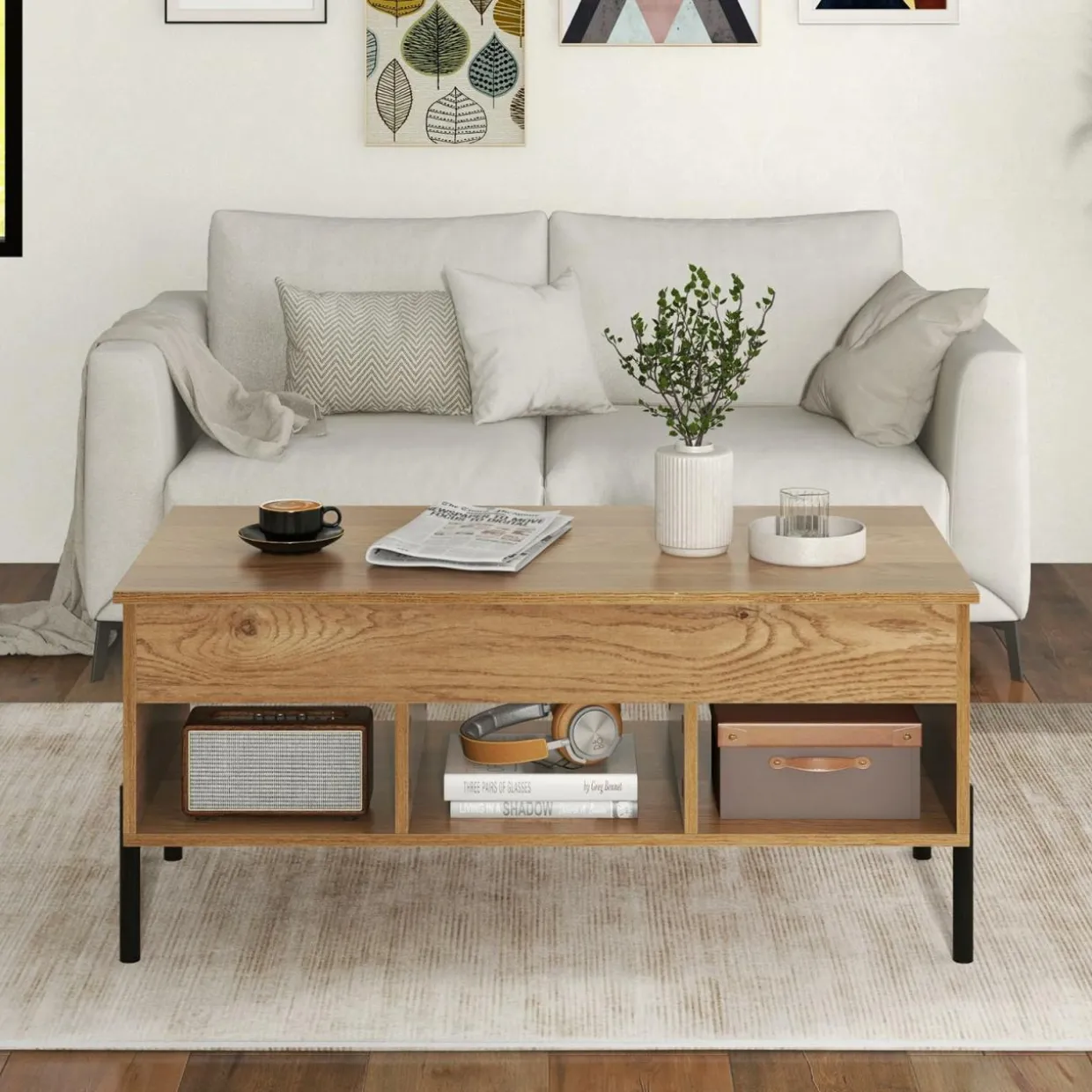 Tangkula Lift Top Coffee Table with Metal Legs, Rising Center Table w/Hidden Compartment & 3 Open Cubbies