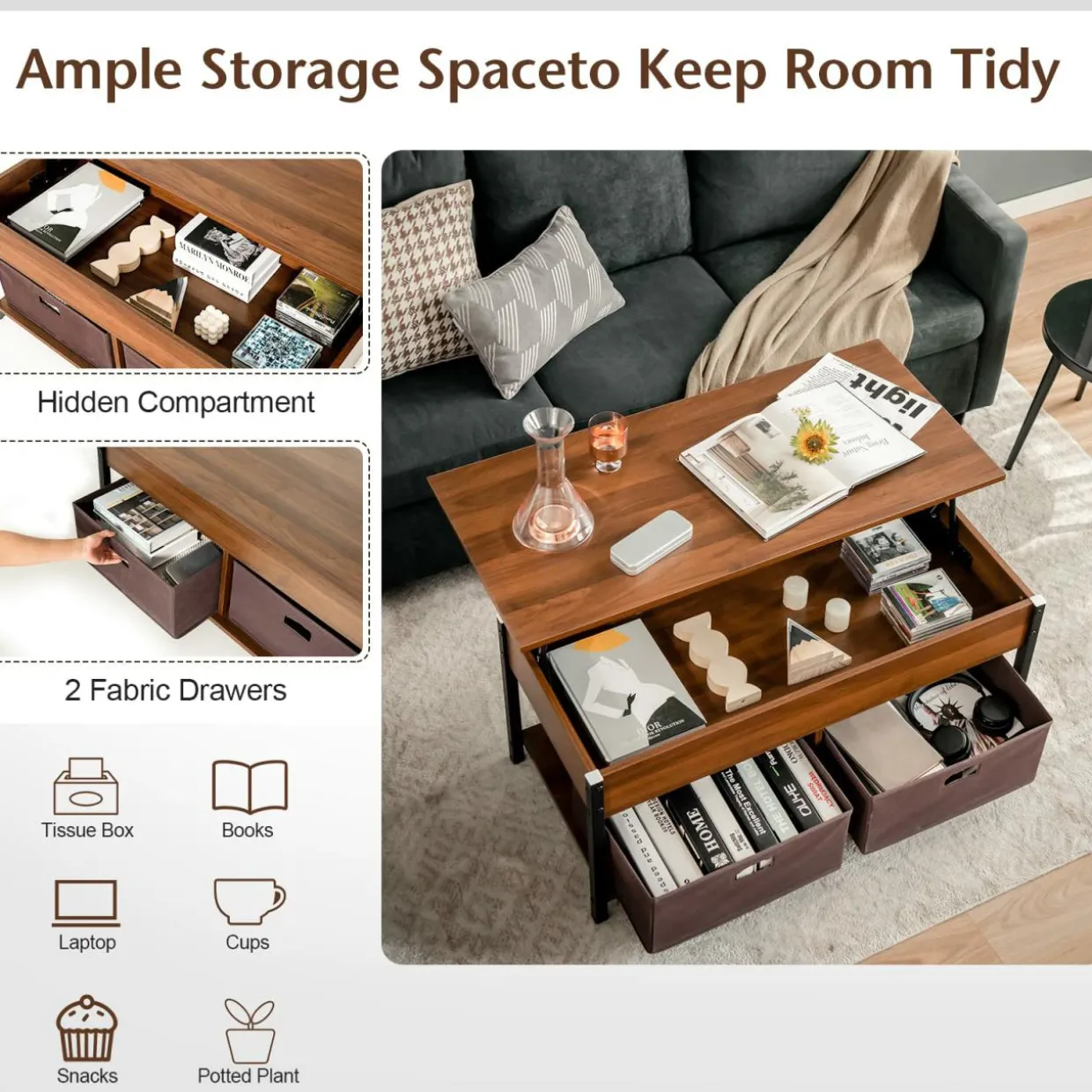 Tangkula Lift Top Coffee Table, Multifunctional Pop-up Central Table with Lifting Tabletop