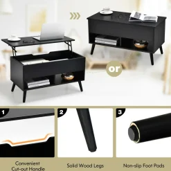 Tangkula Lift Top Coffee Table, Modern Cocktail Table with Hidden Compartment & 2 Open Shelves