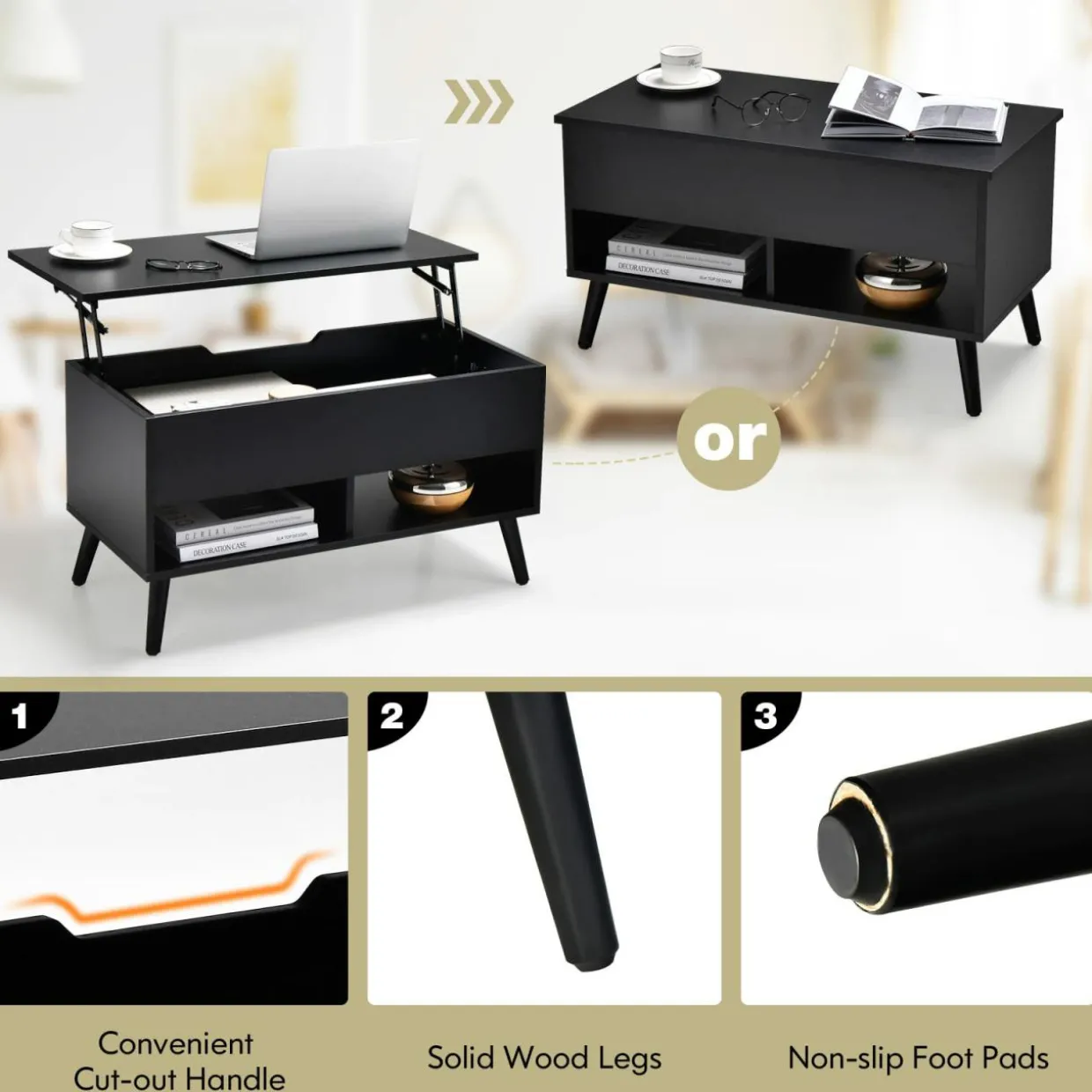 Tangkula Lift Top Coffee Table, Modern Cocktail Table with Hidden Compartment & 2 Open Shelves