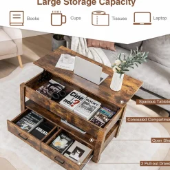 Tangkula Lift Top Coffee Table, Industrial Accent Table with Enclosed Compartment