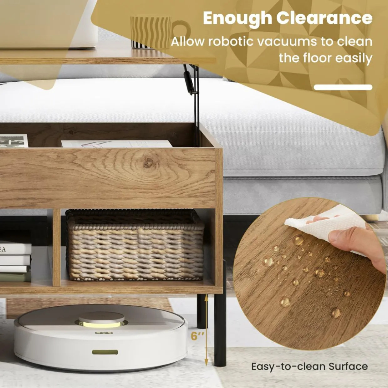 Tangkula Lift Top Coffee Table with Metal Legs, Rising Center Table w/Hidden Compartment & 3 Open Cubbies