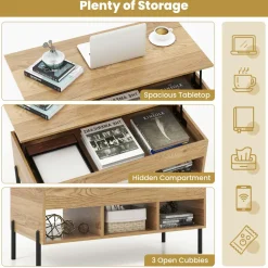 Tangkula Lift Top Coffee Table with Metal Legs, Rising Center Table w/Hidden Compartment & 3 Open Cubbies
