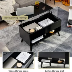 Tangkula Lift Top Coffee Table, Modern Cocktail Table with Hidden Compartment & 2 Open Shelves