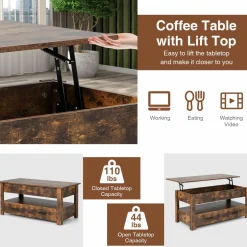 Tangkula Lift Top Coffee Table, Industrial Accent Table with Enclosed Compartment