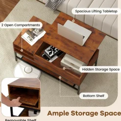 Tangkula Lift Top Coffee Table, Industrial Living Room Table with Hidden Compartment(Industrial, Rustic Brown)