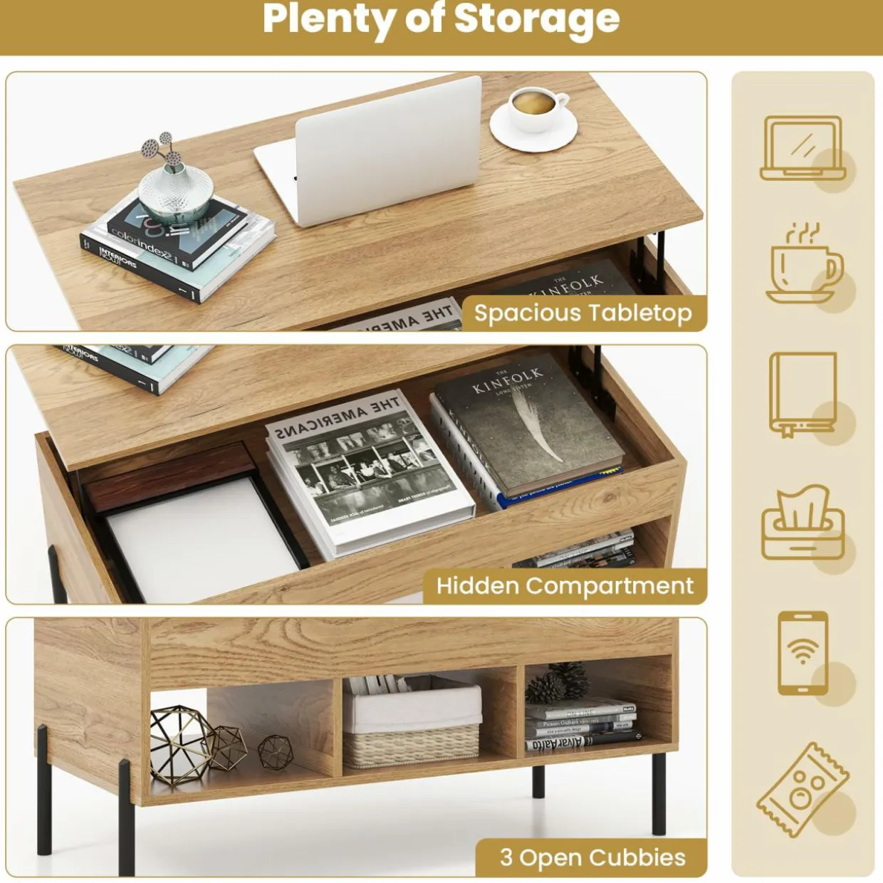 Tangkula Lift Top Coffee Table with Metal Legs, Rising Center Table w/Hidden Compartment & 3 Open Cubbies