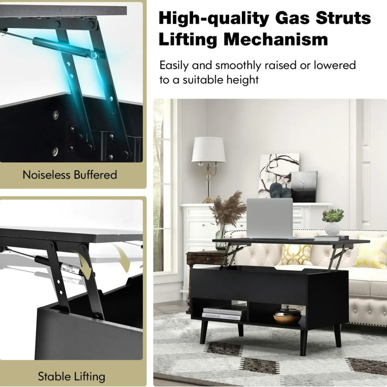 Tangkula Lift Top Coffee Table, Modern Cocktail Table with Hidden Compartment & 2 Open Shelves