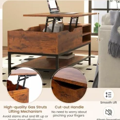 Tangkula Lift Top Coffee Table, Industrial Living Room Table with Hidden Compartment(Industrial, Rustic Brown)