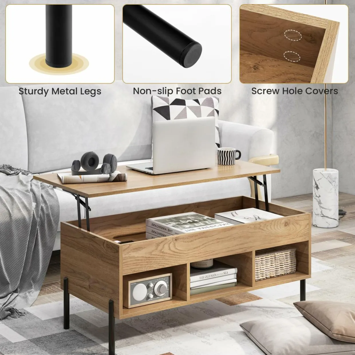 Tangkula Lift Top Coffee Table with Metal Legs, Rising Center Table w/Hidden Compartment & 3 Open Cubbies