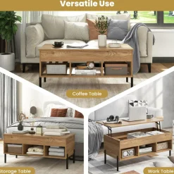Tangkula Lift Top Coffee Table with Metal Legs, Rising Center Table w/Hidden Compartment & 3 Open Cubbies
