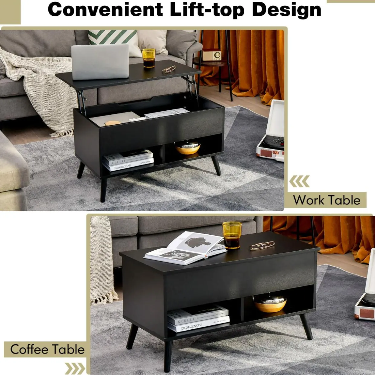 Tangkula Lift Top Coffee Table, Modern Cocktail Table with Hidden Compartment & 2 Open Shelves