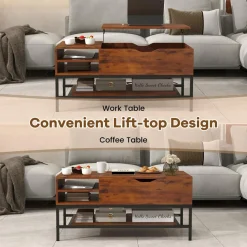 Tangkula Lift Top Coffee Table, Industrial Living Room Table with Hidden Compartment(Industrial, Rustic Brown)