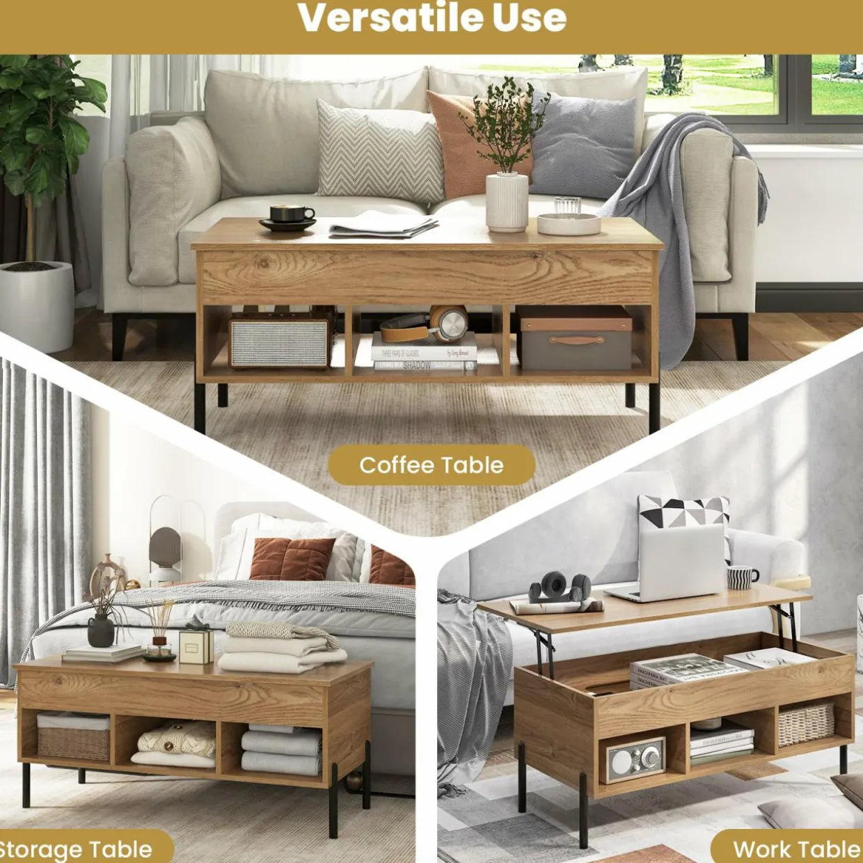 Tangkula Lift Top Coffee Table with Metal Legs, Rising Center Table w/Hidden Compartment & 3 Open Cubbies