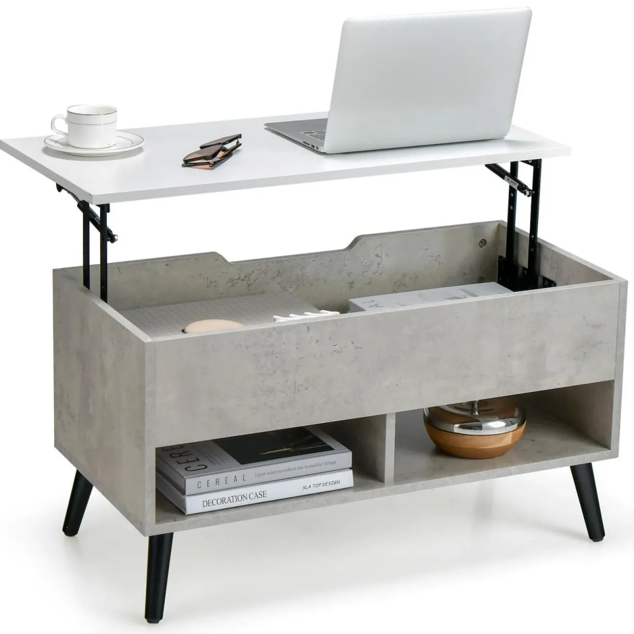 Tangkula Lift Top Coffee Table, Modern Cocktail Table with Hidden Compartment & 2 Open Shelves