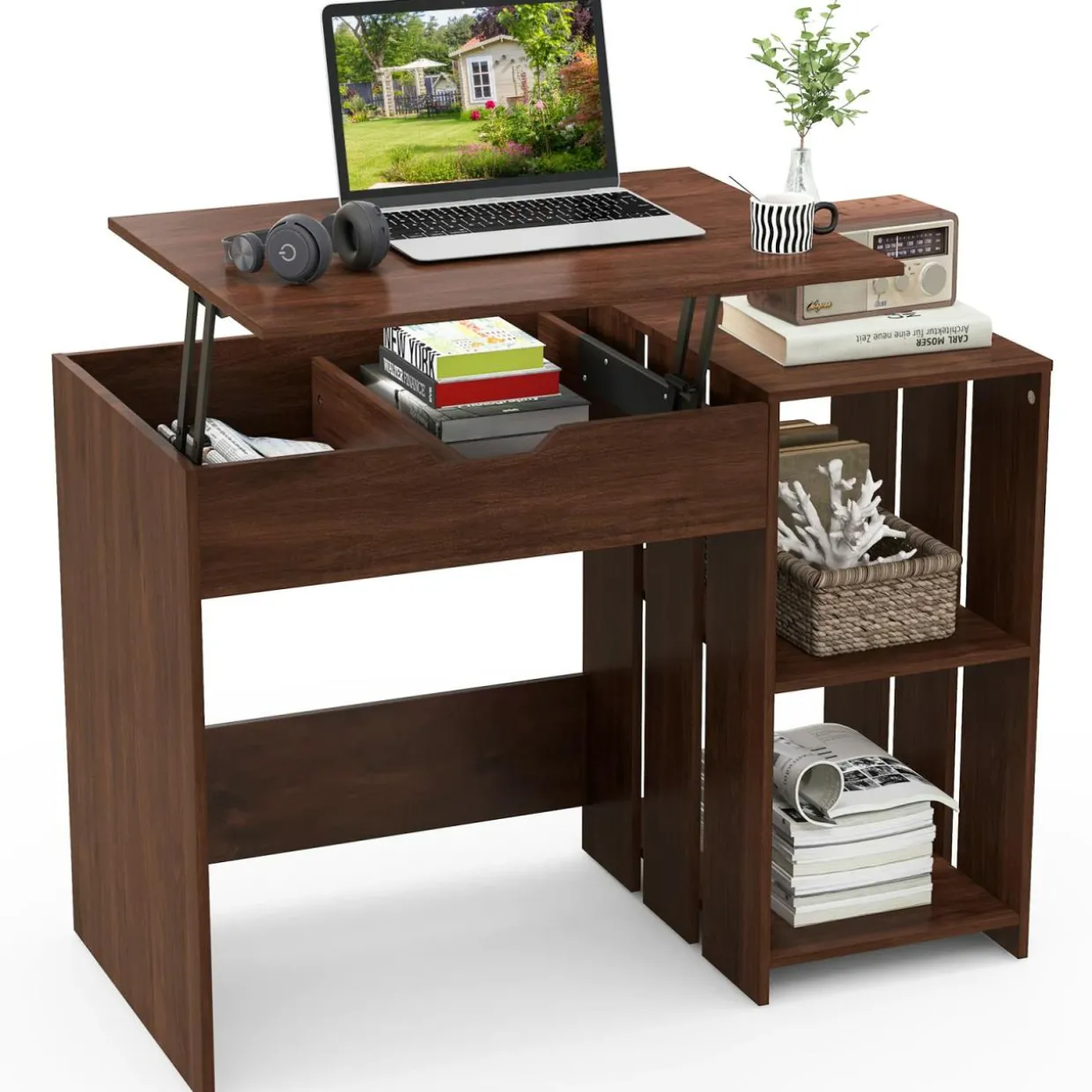Tangkula Lift Top Computer Desk, Small Standing Laptop Desk with 2 Hidden Compartments & 2 Open Storage Shelves