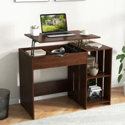 Tangkula Lift Top Computer Desk, Small Standing Laptop Desk with 2 Hidden Compartments & 2 Open Storage Shelves