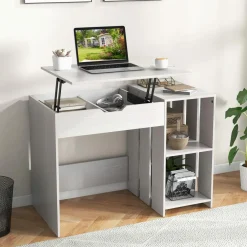 Tangkula Lift Top Computer Desk, Small Standing Laptop Desk with 2 Hidden Compartments & 2 Open Storage Shelves