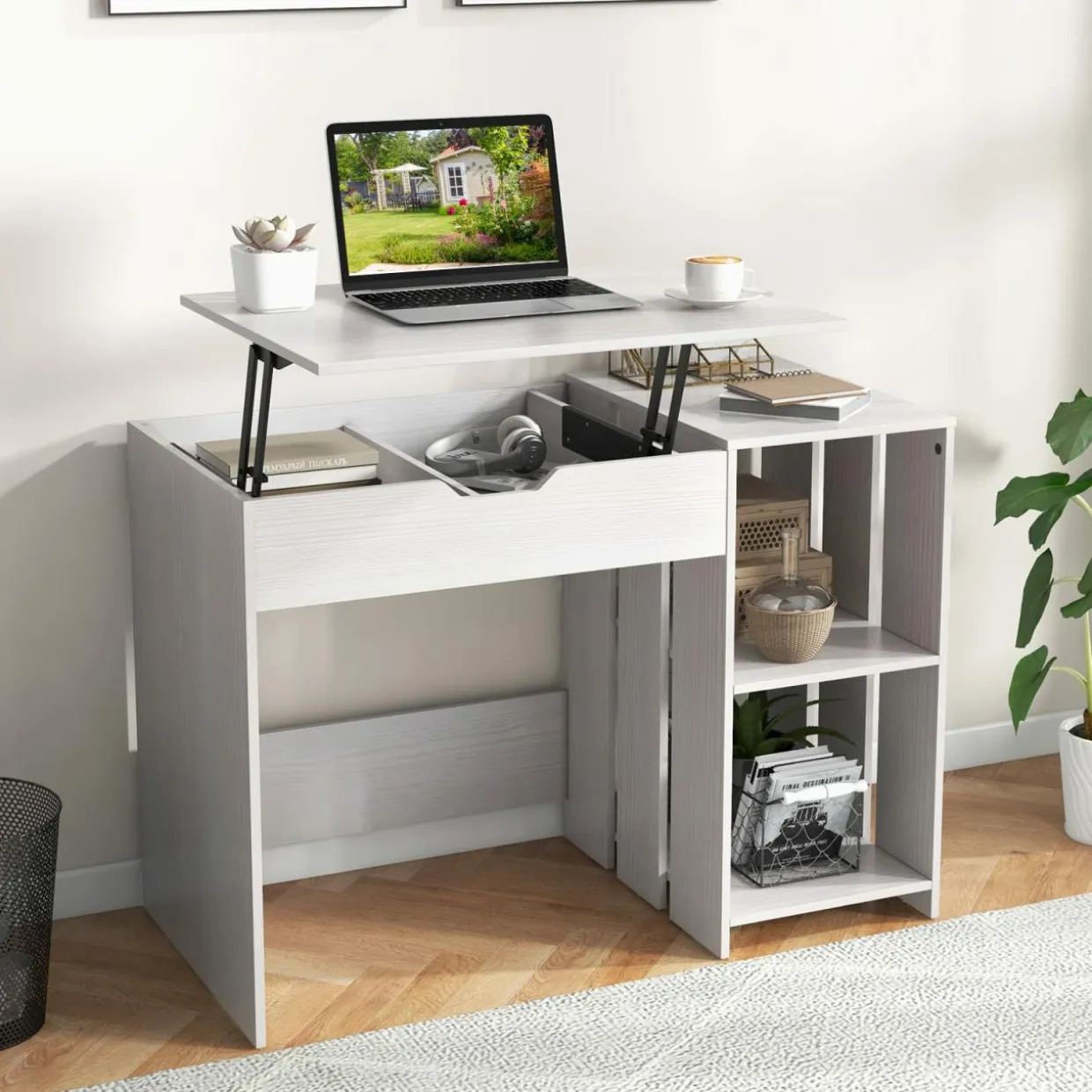 Tangkula Lift Top Computer Desk, Small Standing Laptop Desk with 2 Hidden Compartments & 2 Open Storage Shelves