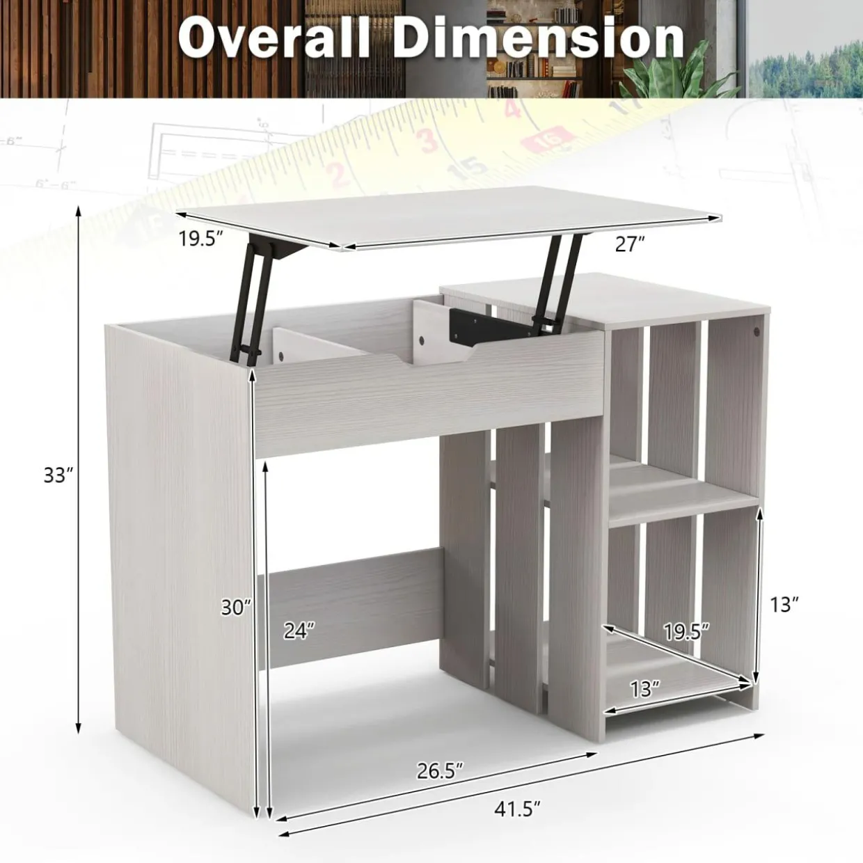 Tangkula Lift Top Computer Desk, Small Standing Laptop Desk with 2 Hidden Compartments & 2 Open Storage Shelves