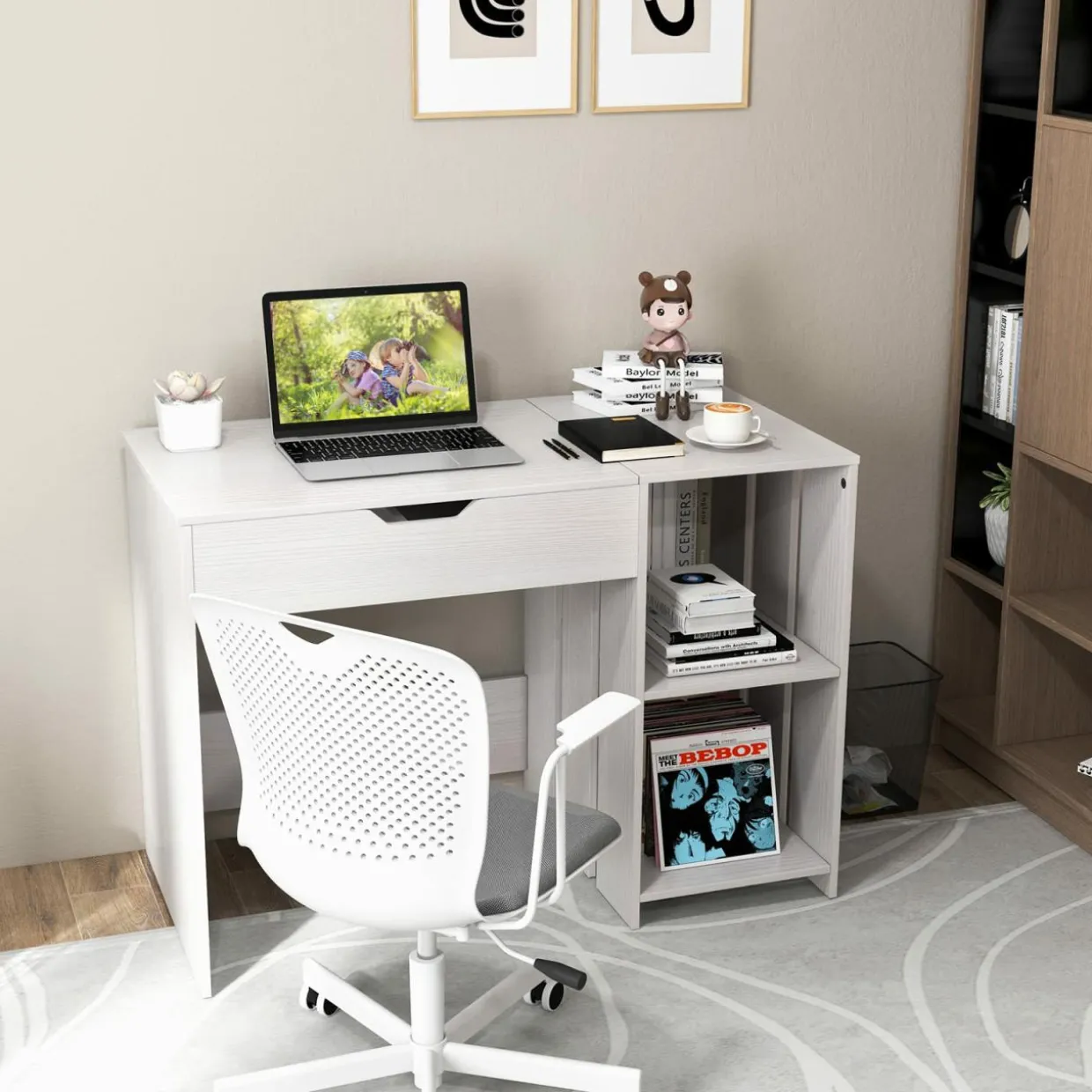 Tangkula Lift Top Computer Desk, Small Standing Laptop Desk with 2 Hidden Compartments & 2 Open Storage Shelves