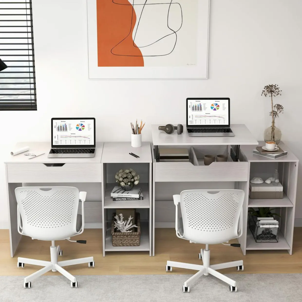 Tangkula Lift Top Computer Desk, Small Standing Laptop Desk with 2 Hidden Compartments & 2 Open Storage Shelves