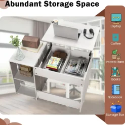 Tangkula Lift Top Computer Desk, Small Standing Laptop Desk with 2 Hidden Compartments & 2 Open Storage Shelves