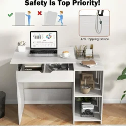 Tangkula Lift Top Computer Desk, Small Standing Laptop Desk with 2 Hidden Compartments & 2 Open Storage Shelves