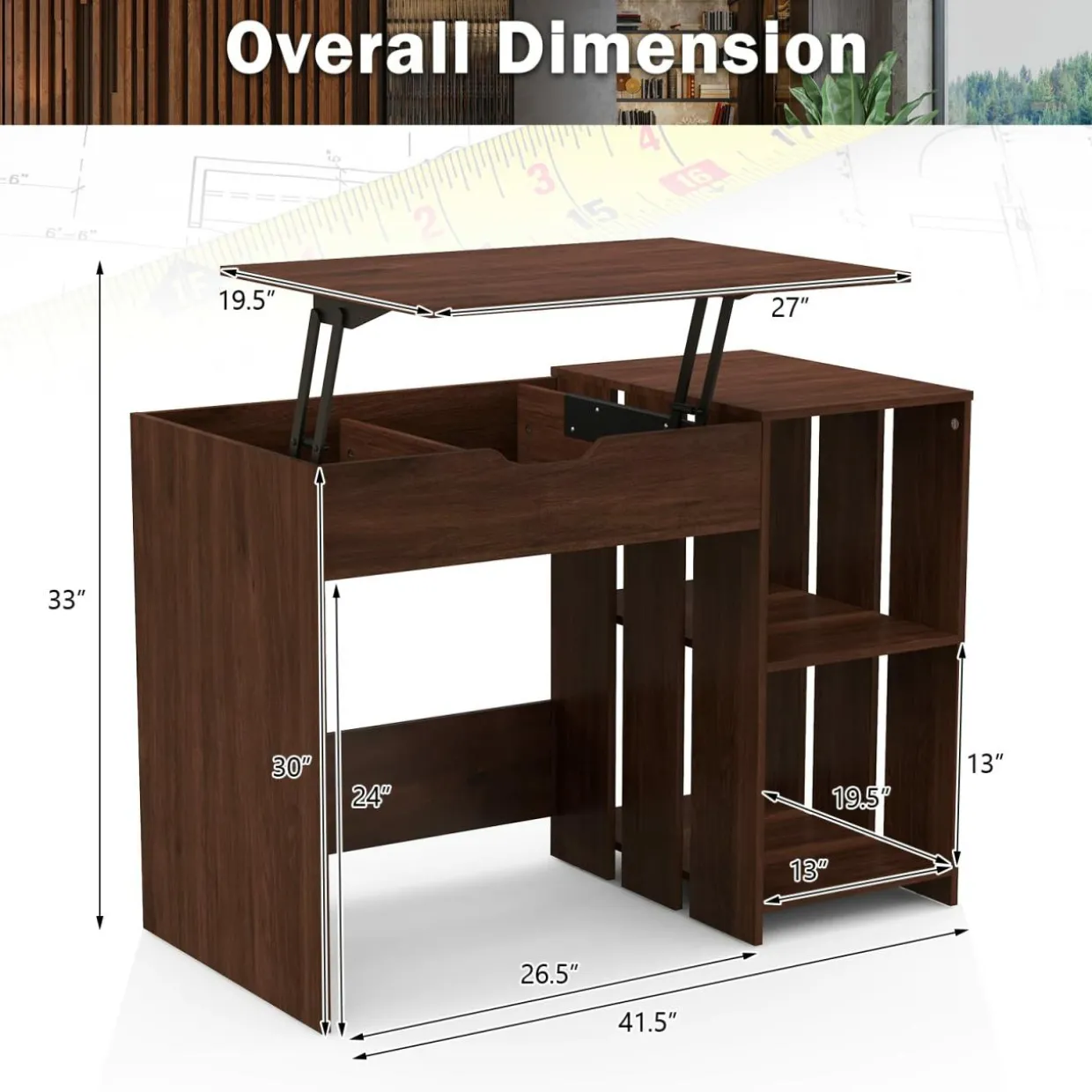 Tangkula Lift Top Computer Desk, Small Standing Laptop Desk with 2 Hidden Compartments & 2 Open Storage Shelves