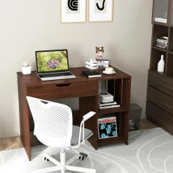 Tangkula Lift Top Computer Desk, Small Standing Laptop Desk with 2 Hidden Compartments & 2 Open Storage Shelves