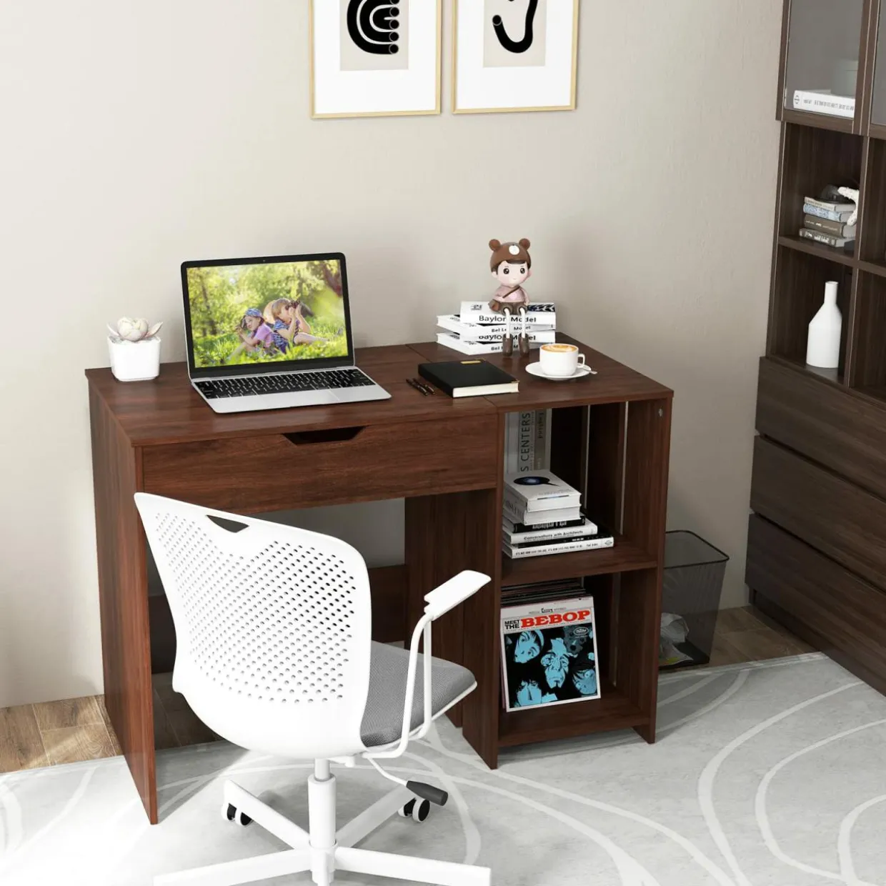 Tangkula Lift Top Computer Desk, Small Standing Laptop Desk with 2 Hidden Compartments & 2 Open Storage Shelves