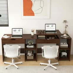 Tangkula Lift Top Computer Desk, Small Standing Laptop Desk with 2 Hidden Compartments & 2 Open Storage Shelves