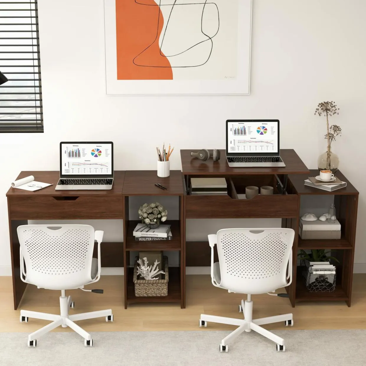 Tangkula Lift Top Computer Desk, Small Standing Laptop Desk with 2 Hidden Compartments & 2 Open Storage Shelves