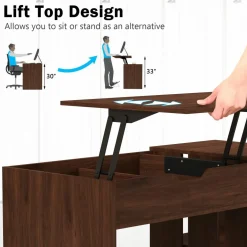 Tangkula Lift Top Computer Desk, Small Standing Laptop Desk with 2 Hidden Compartments & 2 Open Storage Shelves