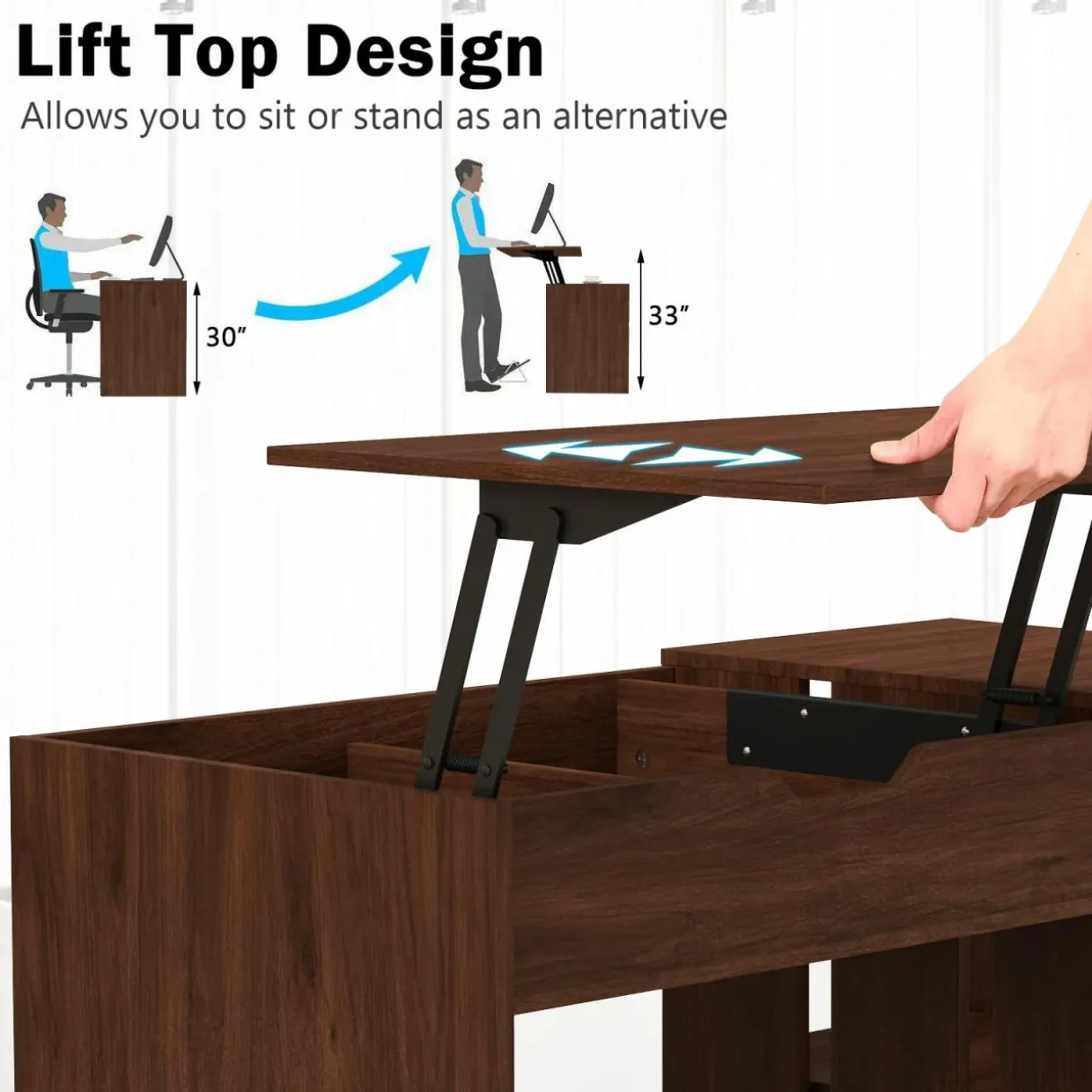 Tangkula Lift Top Computer Desk, Small Standing Laptop Desk with 2 Hidden Compartments & 2 Open Storage Shelves