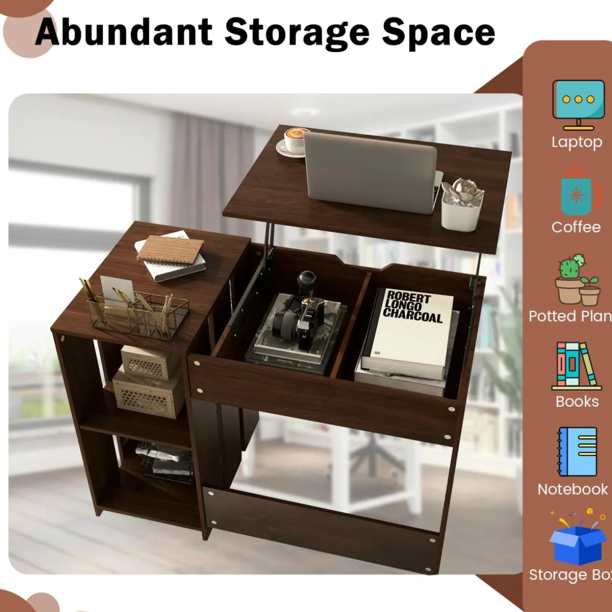 Tangkula Lift Top Computer Desk, Small Standing Laptop Desk with 2 Hidden Compartments & 2 Open Storage Shelves
