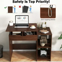 Tangkula Lift Top Computer Desk, Small Standing Laptop Desk with 2 Hidden Compartments & 2 Open Storage Shelves