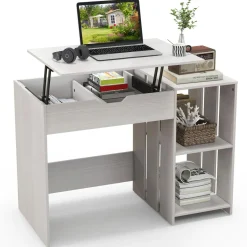 Tangkula Lift Top Computer Desk, Small Standing Laptop Desk with 2 Hidden Compartments & 2 Open Storage Shelves