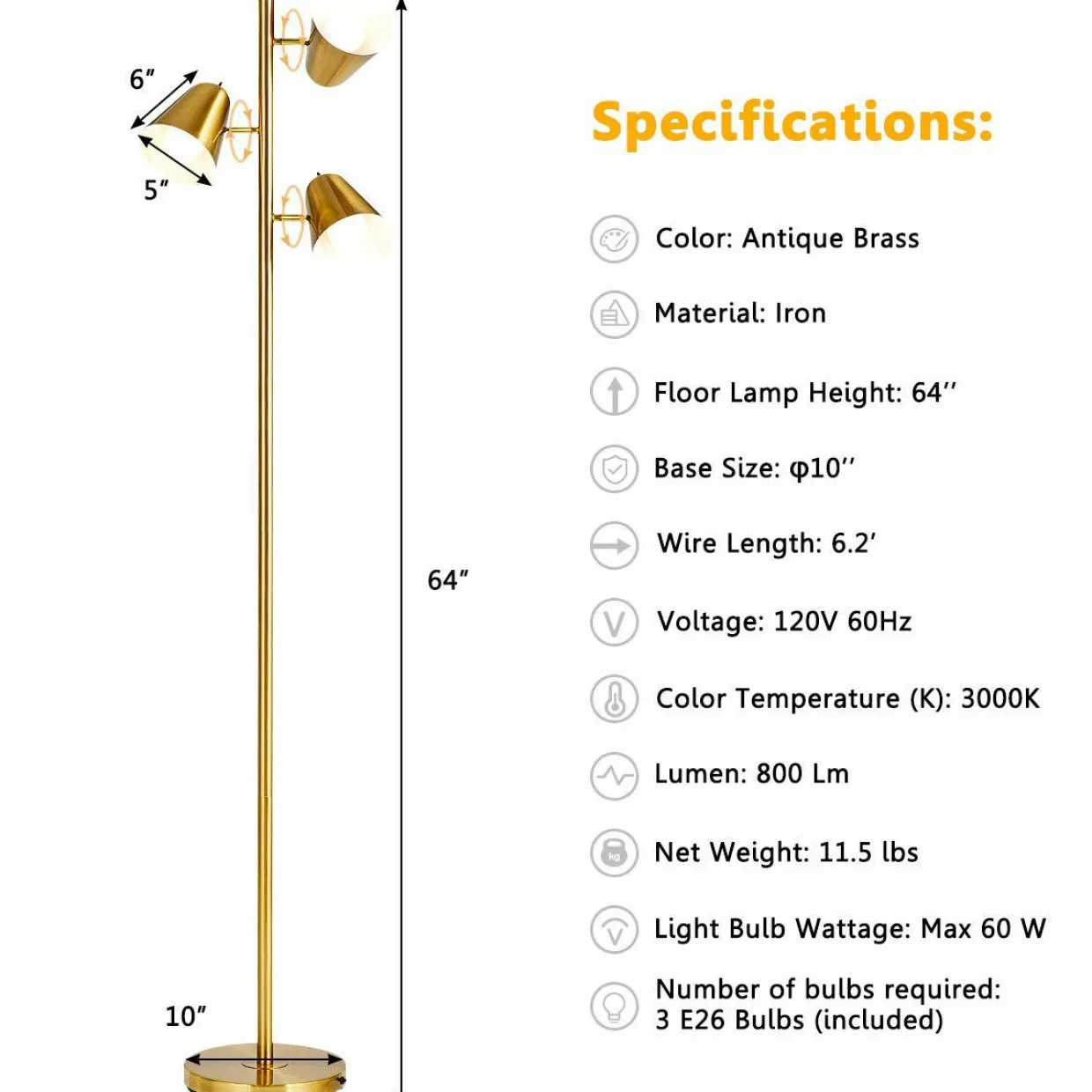 Tangkula 3-Light Floor Lamp, 64" Mid Century Modern 3 Light Tree