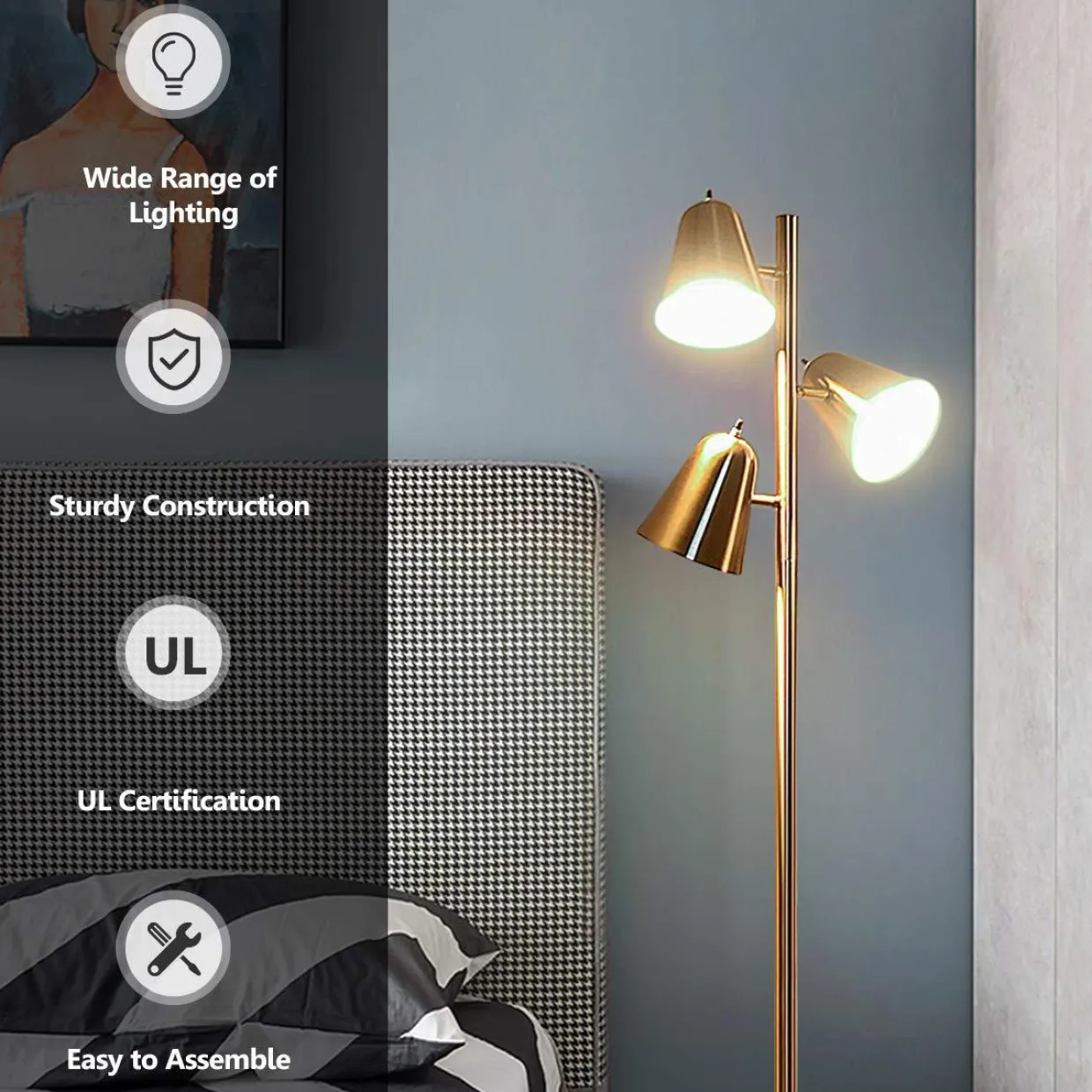 Tangkula 3-Light Floor Lamp, 64" Mid Century Modern 3 Light Tree