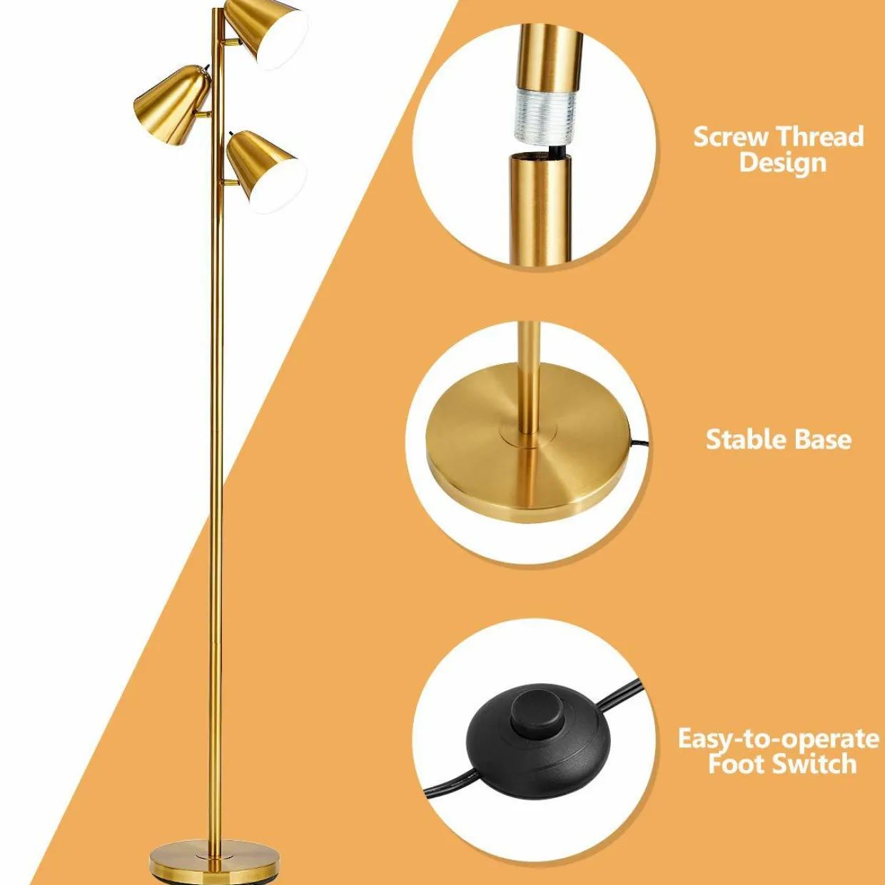 Tangkula 3-Light Floor Lamp, 64" Mid Century Modern 3 Light Tree
