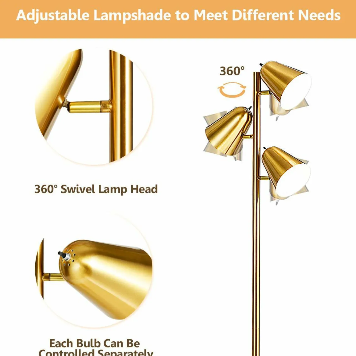 Tangkula 3-Light Floor Lamp, 64" Mid Century Modern 3 Light Tree