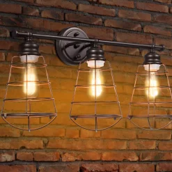 Tangkula 3-Light Vintage Vanity Lights, Industrial Metal Wire Cage Wall Sconces(Black & Golden)