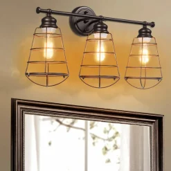 Tangkula 3-Light Vintage Vanity Lights, Industrial Metal Wire Cage Wall Sconces(Black & Golden)
