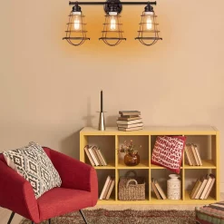 Tangkula 3-Light Vintage Vanity Lights, Industrial Metal Wire Cage Wall Sconces(Black & Golden)