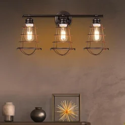 Tangkula 3-Light Vintage Vanity Lights, Industrial Metal Wire Cage Wall Sconces(Black & Golden)